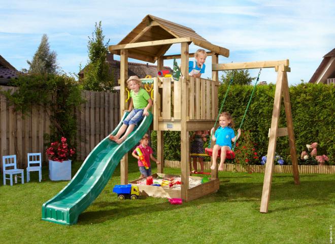 outdoor playhouse with swing and slide